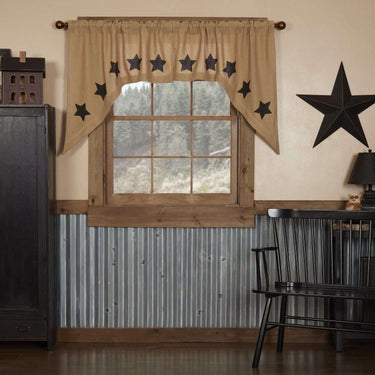 Burlap w/Black Stencil Stars Swag Curtain Set of 2 36x36x16 - The Fox Decor
